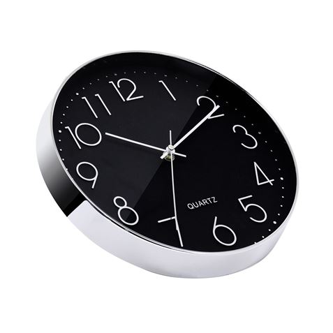 RELOJ DE PARED PLATEADO ESFERA NEGRA CON RELIEVE - 81021H-2