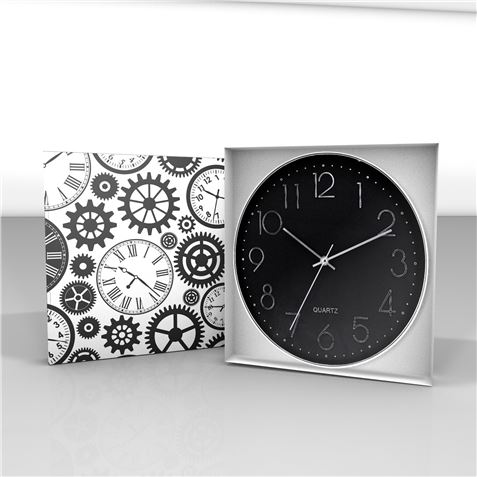 RELOJ DE PARED PLATEADO ESFERA NEGRA CON RELIEVE - 81021H-5