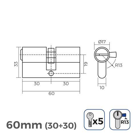 BOMBIN NIQUEL 60MM 30+30MM LEVA CORTA CON LLAVE SEGURIDAD - 85180_1