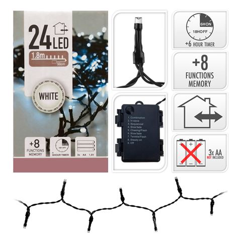 GUIRNALDA A PILAS MULTIFUNCION 24 LEDS CABLE VERDE LUZ BLANCO FRIO 2,30M - 71325-1