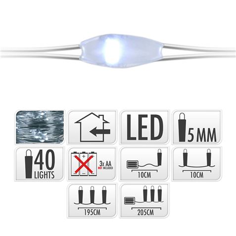 GUIRNALDA A PILAS FIJA 40 LEDS CABLE ALAMBRE PLATEADO LUZ BLANCO FRIO 2,20M - 71333-1
