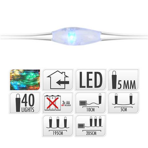 GUIRNALDA A PILAS FIJA 40 LEDS CABLE ALAMBRE PLATEADO LUZ MULTICOLOR 2,20M - 71334-1