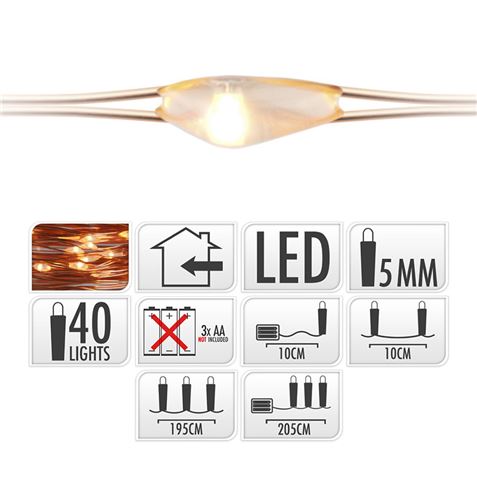 GUIRNALDA A PILAS FIJA 40 LEDS CABLE ALAMBRE COBRE LUZ BLANCO CALIDO 2,20M - 71335-1