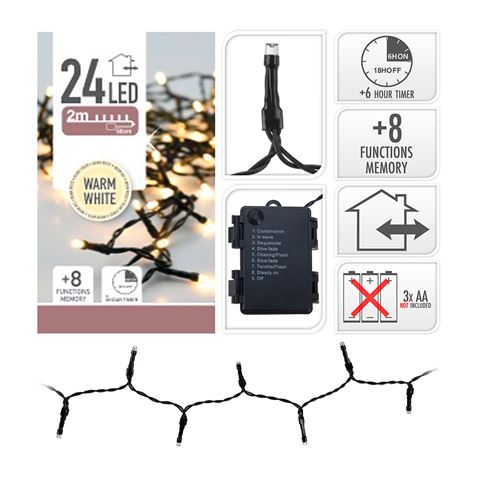 GUIRNALDA A PILAS MULTIFUNCION 24 LEDS CABLE NEGRO LUZ BLANCO CALIDO 2,30M - 71385-1