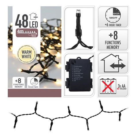 GUIRNALDA A PILAS MULTIFUNCION 48 LEDS CABLE NEGRO LUZ BLANCO CALIDO 4M - 71386-1