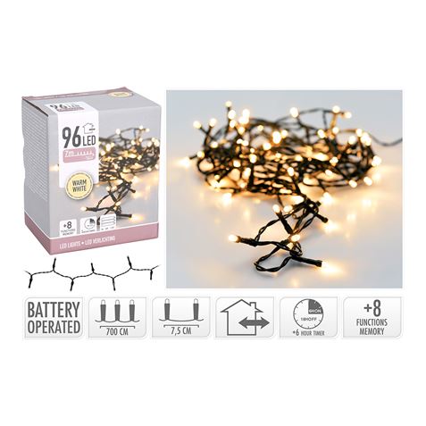 GUIRNALDA A PILAS MULTIFUNCION 96 LEDS CABLE NEGRO LUZ BLANCO CALIDO 7,5M - 72085-1