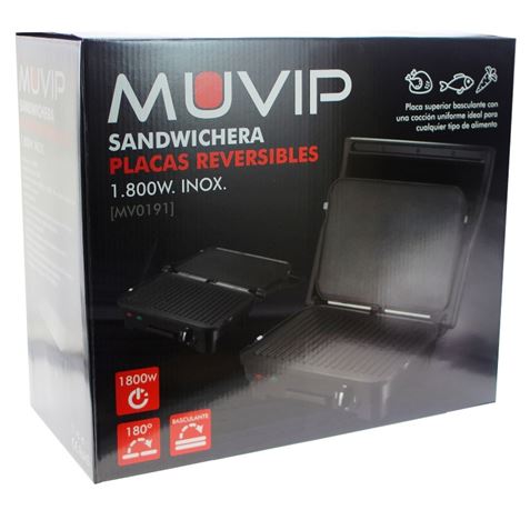 REACONDICIONADA SANDWICHERA INOX 1800W 180º PLACAS REVERSIBLES MUVIP - MV0191-3 REACONDICIONADA SANDWICHERA INOX 1800W 180º PLACAS REVERSIBLES MUVIP - MV0191-3