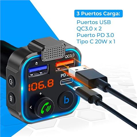 TRANSMISOR FM MANOS LIBRES BLUETOOTH 5.0 CON ALTAVOZ - NK-CA32008-1