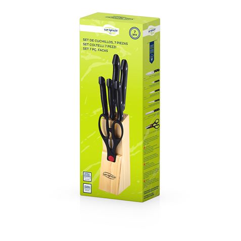 SET 7 CUCHILLOS +TIJERA INOX EN BASE SAN IGNACIO MADERA - 14691-1