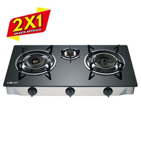 COCINA GAS INOX 3 FUEGOS CRISTAL TEMPLADO MUVIP (2 X 1)