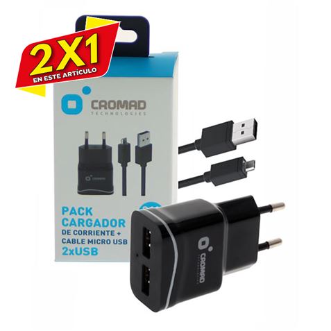 PACK CARGADOR CORRIENTE 2.1A + CABLE MICRO USB CROMAD (2 X 1)