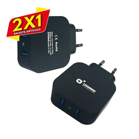 CARGADOR DE CORRIENTE 4.8A 2xUSB NEGRO CROMAD (2 X 1)