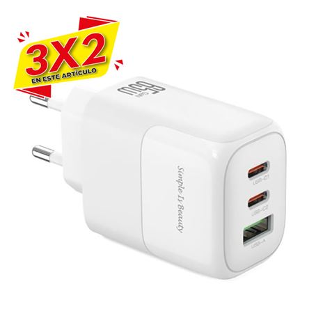CARGADOR 2X TIPO C + USB 65W CARGA RAPIDA XOL139 XO (3 X 2)