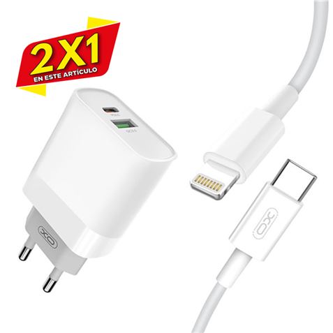 CARGADOR DE CORRIENTE L64 18W TIPO C + USB QC 3.0 + LIGHTNING XO (2 X 1)