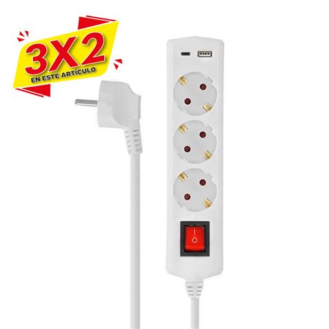 BASE MULTIPLE 3 TOMAS CON INTERRUPTOR + USB + TIPO C ELBAT (3 x 2)