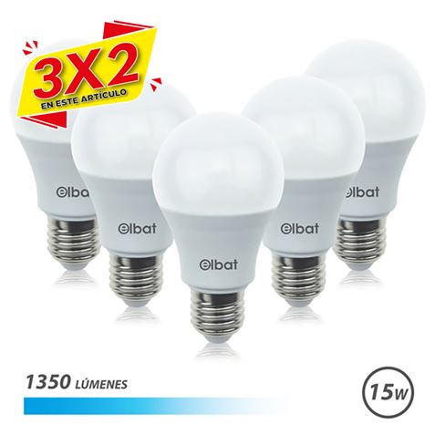 PACK 5 BOMBILLAS LED A60 | 15W | 1350LM | E27 | LUZ FRIA | ELBAT (3 X 2)
