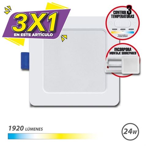 DOWNLIGHT CUADRADO 24W | 1920LM 3 TEMPERATURAS + SOBREPARED ELBAT (3 X 1)