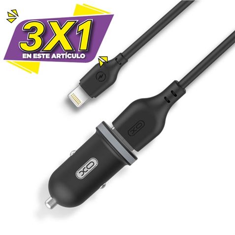 PACK CARGADOR MECHERO TZ08 2.1A + CABLE TIPO LIGHTNING NEGRO XO (3 X 1)