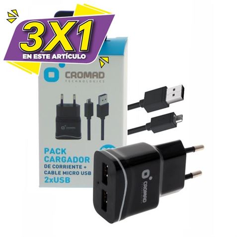 PACK CARGADOR CORRIENTE 2.1A + CABLE MICRO USB CROMAD (3 X 1)