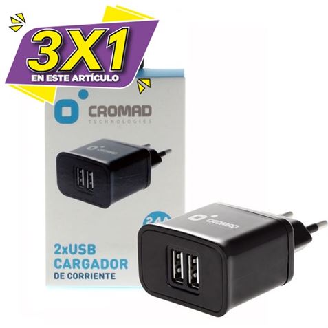 CARGADOR DE CORRIENTE 2.4A 2 X USB NEGRO CROMAD (3 X 1)