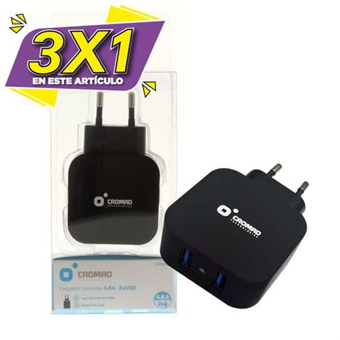 CARGADOR DE CORRIENTE 4.8A 2xUSB NEGRO CROMAD (3 X 1)