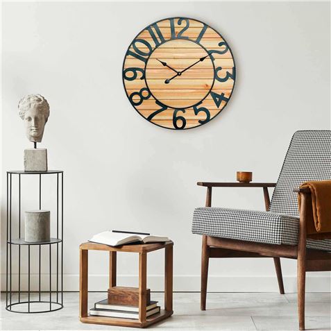 RELOJ PARED VINTAGE NEGRO/MADERA CLARA 60CM - 81034-1