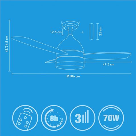 VENTILADOR DE TECHO 70W CON LUZ TRES TONALIDADES BLANCO JOCCA - 2172-2