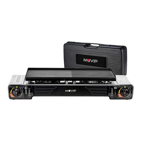 COCINA DE GAS PORTATIL DOBLE BOMBONA ACERO + PLANCHA + MALETIN MUVIP - MV0613