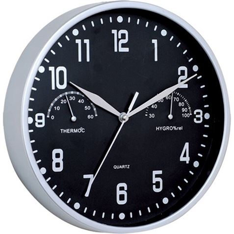 RELOJ DE PARED CON TERMOMETRO REDONDO NEGERO 23CM - 07120