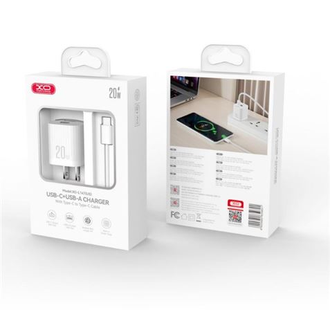 CARGADOR USB 20W 1X USB-A Y 1X USB-C CON CABLE TIPO-C A LIGHTNING C L147 XO - XOL147TC-1