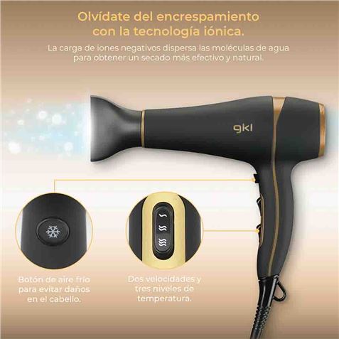 SECADOR DE PELO IONICO PROFESIONAL 2200W NEGRO Y DORADO GKL - ONYXS2200-1