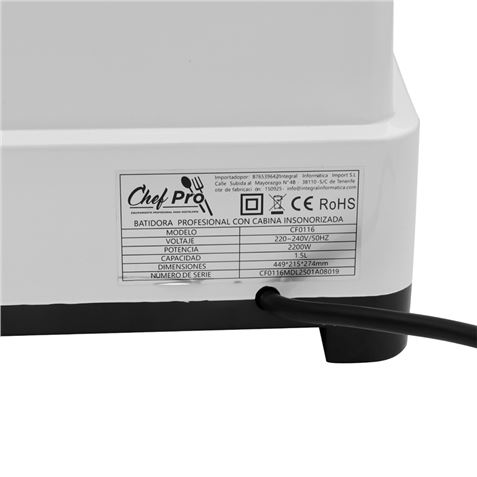 BATIDORA PROFESIONAL CON CABINA INSONORIZADA 1.5 LITROS 2200W CHEF PRO - CF0116-10