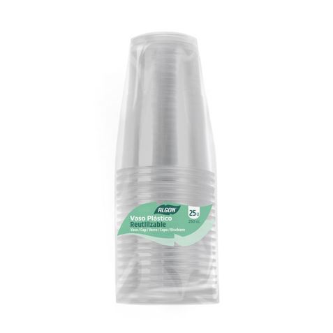 PACK 25 VASOS PLASTICOS TRANSPARENTE 250CC ALGON - BA01054376566-1