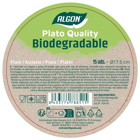 SET 15 PLATOS BIODEGRADABLES 17,5CM ALGON - BA01054078851-1