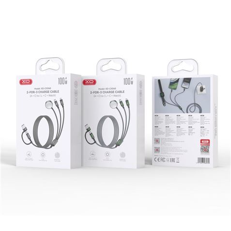 CABLE USB-A/C 3 EN 1 2X USB-C Y CARGADOR MAGENTICO PARA SMARTWATCH CX040 XO - XOCX040BK-1
