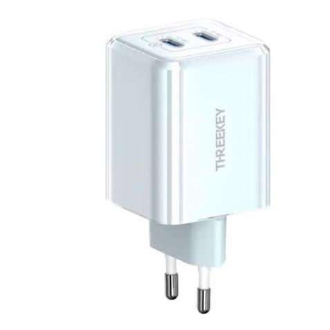 CARGADOR DE CORRIENTE 35W 2 X TIPO C THREEKEY AZUL