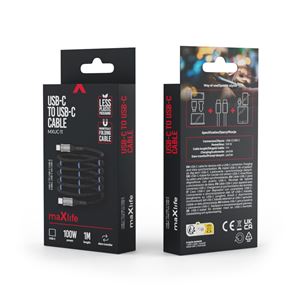CABLE NYLON TIPO C A TIPO C MAGNETICO 100W 1M NEGRO MAXLIFE - OEM0101402-3