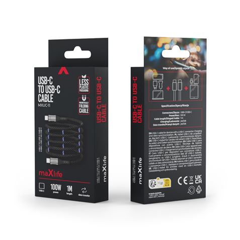 CABLE NYLON TIPO C A TIPO C MAGNETICO 100W 1M NEGRO MAXLIFE - OEM0101402-3