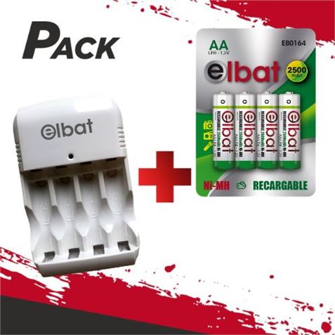 CARGADOR DE PILAS + 4 PILAS RECARGABLES AA ELBAT - PACK201-1