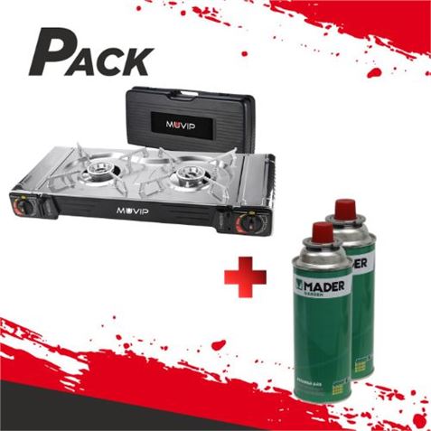 COCINA DE GAS PORTATIL DOBLE BOMBONA ACERO + 2 CARTUCHOS DE GAS - PACK212