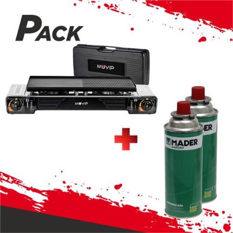 COCINA DE GAS DOBLE BOMBONA ACERO + PLANCHA + MALETIN + 2 CARTUCHOS GAS - PACK213