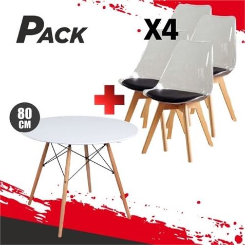 MESA REDONDA DESIGN D500 80CM BLANCA + 4 SILLAS DESIGN D1000 TRANS+NEGRO - PACK230