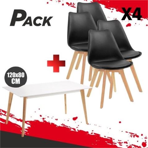 MESA DESIGN D900 120X80CM BLANCA + 4 SILLAS DESIGN D200 NEGRAS - PACK237
