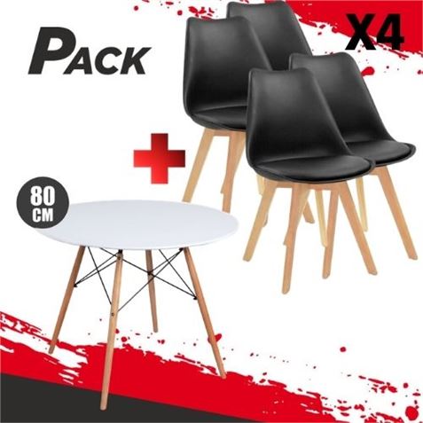 MESA REDONDA DESIGN D500 80CM BLANCA + 4 SILLAS DESIGN D200 NEGRAS - PACK236