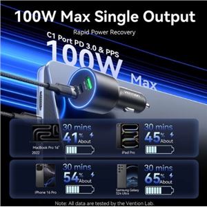 CARGADOR DE COCHE PARA SMARTPHONE | 100W | 2XUSB-C,1USB-A NEGRO VENTION - FFQB0-2