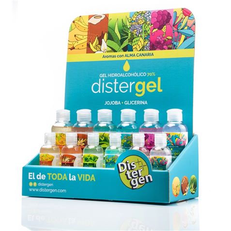 PACK EXPOSITOR + 24 GELES 50ML HIDROALCOHÓLICOS JOJOBA + GLICERINA 6 AROMAS - DISTERGEL50-1