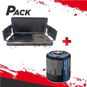 COCINA DE GAS PORTATIL PREMIUM PLANCHA + DOBLE QUEMADOR + CARTUCHO DE GAS - PACK269