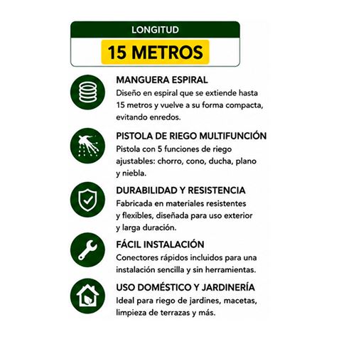 MANGUERA ESPIRAL DE JARDIN 15 METROS CON PISTOLA DE RIEGO SUNGARDEN - SG0207-2