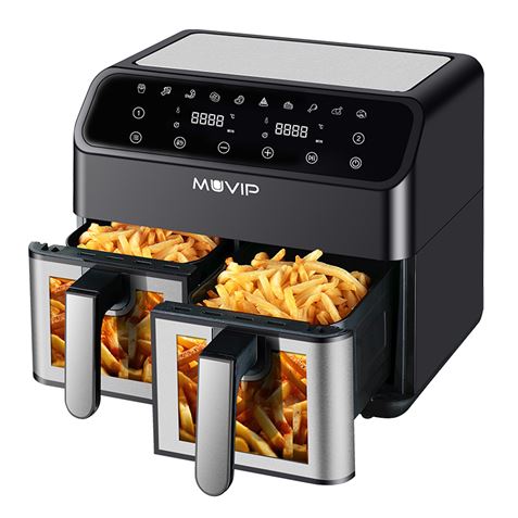 FREIDORA AIRE CALIENTE AIRCOOK DUAL 9 LITROS (4.5L+4.5L) CON VENTANA MUVIP - MV0703