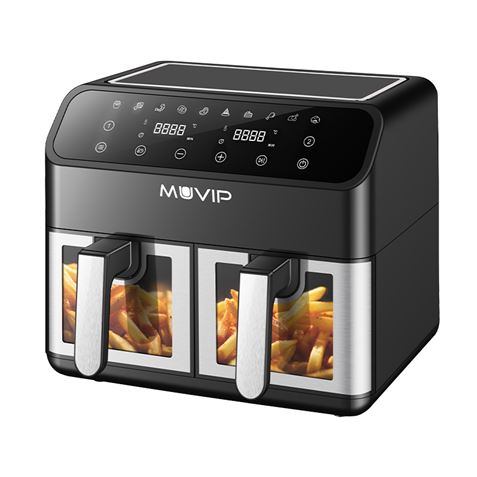 FREIDORA AIRE CALIENTE AIRCOOK DUAL 9 LITROS (4.5L+4.5L) CON VENTANA MUVIP - MV0703-1